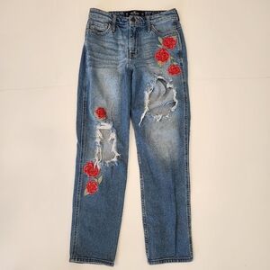 Hollister High Rise Slim Straight Jean Women's 1R Embroidered Med Wash W25" L27"